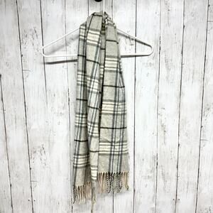 Cashmink by V. Fraas Scarf Unisex Grey Plaid Casual Winter Frayed End Striped